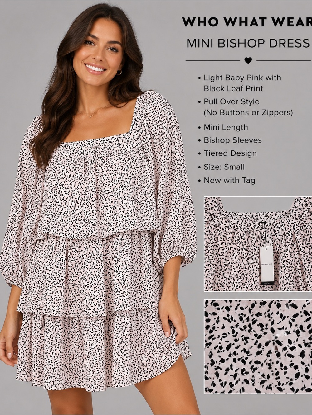 Who What Wear Mini Bishop Dress NWT Size Small Light Baby Pink Black Leaf Print - Picture 10 of 10